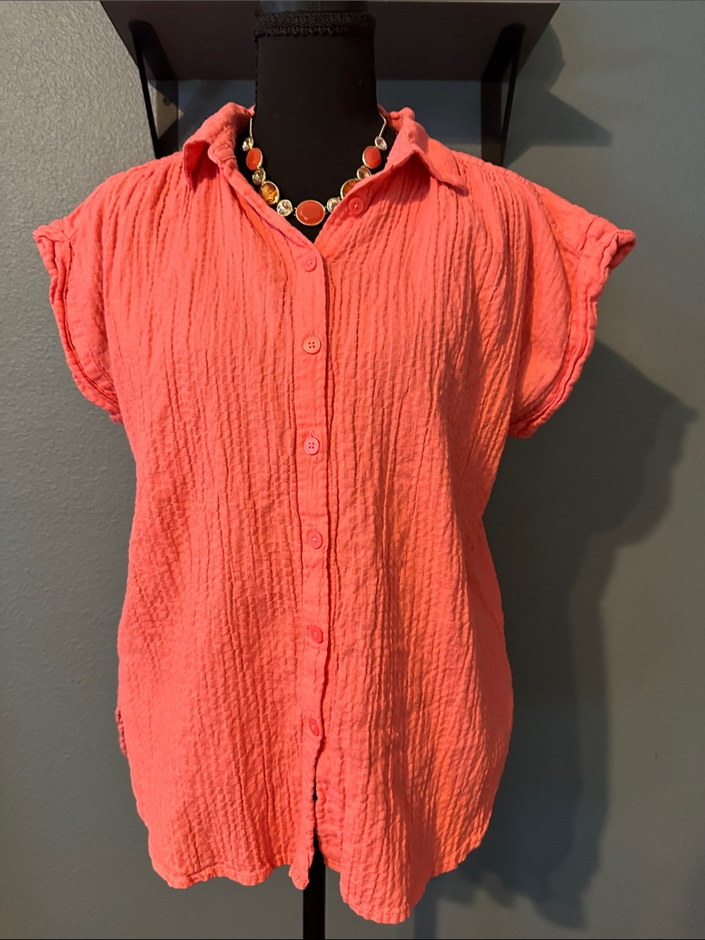 LOFT Coral Button-Front Crinkle Gauze Shirt